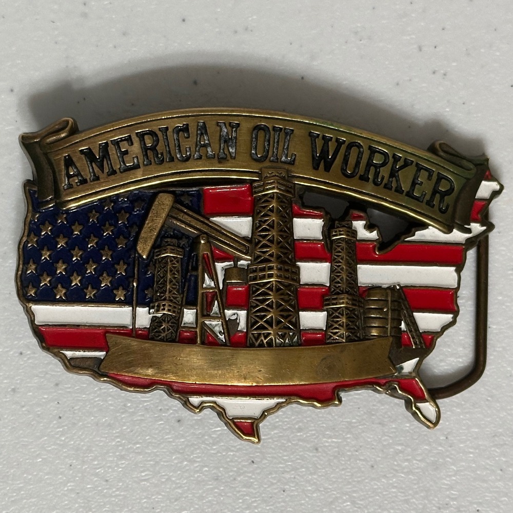 Baron American Oil Worker Belt Buckle Solid Brass Vintage '81 Americana USA Flag